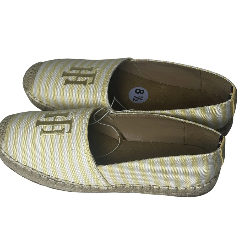 Tommy Hilfiger Pieke‎ Yellow White Striped Espadrille Flats Logo Slip On 8.5M